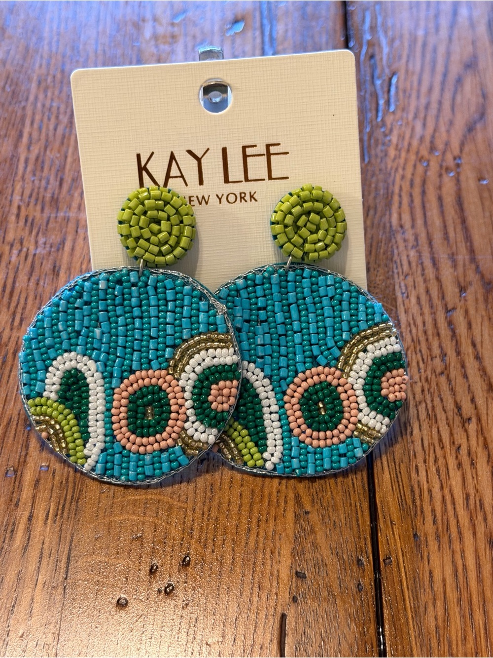 Kay Lee Turquoise and Lime Beaded Circle Drop Earrings